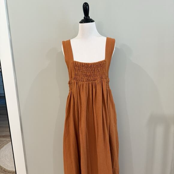Free People Dress Size Small Delphine Midi Tank Smocked Cotton Billowy Sienna - Picture 3 of 15